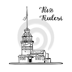 Vector hand drawn illustration with Maiden Tower in Istanbul