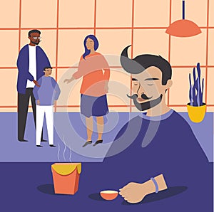 Vector hand drawn illustration - a man sits in a cafe drinks tea and eats wok