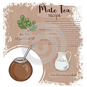 Vector hand drawn illustration of mate tea recipe with list of ingredients