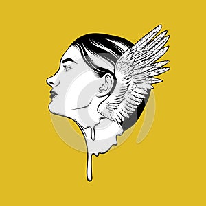 Vector hand drawn illustration of melting girl with wings isolated.