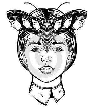 Vector hand drawn illustration of moth with female faces