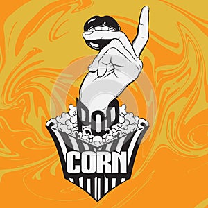 Vector hand drawn illustration of mouth with pop corn box.