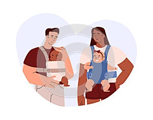 Vector hand drawn illustration of parents, dark-skinned mom and dad holding babies in sling isolated on white background