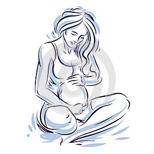 Vector hand-drawn illustration of pregnant elegant woman expecting baby.