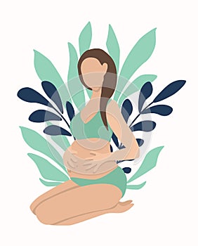 Vector hand drawn illustration of a pregnant girl hugging her belly.