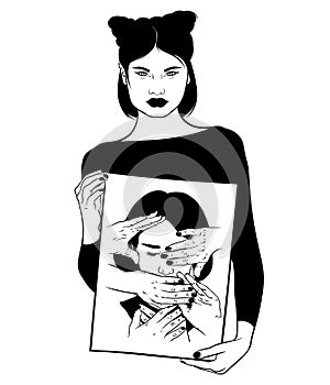 Vector hand drawn illustration of pretty woman with painting in her hands.