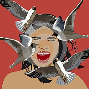 Vector hand drawn illustration of screaming girl with seagulls isolated.