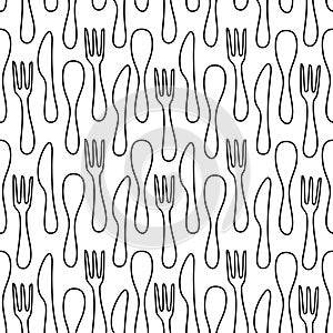 Vector hand drawn illustration seamless pattern background with table set kitchen utensils: fork, knife, spoon set. Wrapping,