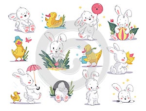 Vector hand drawn illustration set with cute white bunny and yellow little duck isolated on white background.