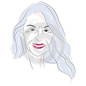 Vector hand drawn illustration of a smiling attractive beautiful elderly woman. Seasonal color analysis