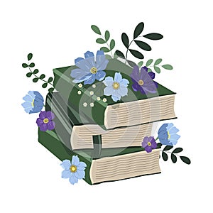 Vector hand drawn illustration - a stack of books and flowers. summer mood.