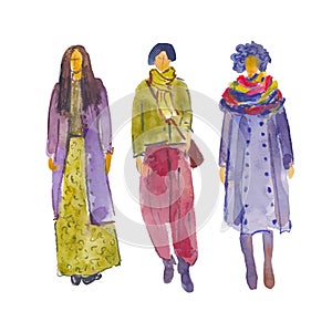 Vector. Hand-drawn illustration: stylized people. Watercolor sketches. Three women fashionably dressed