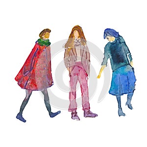 Vector. Hand-drawn illustration: stylized people. Watercolor sketches. Three women fashionably dressed