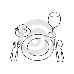 Vector hand drawn illustration with Table setting set. Sketch. Vintage illustration. table set, Cutlery vector sketch illustration