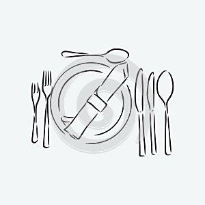 Vector hand drawn illustration with Table setting set. Sketch. Vintage illustration. table set, Cutlery vector sketch illustration