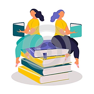 Vector hand drawn illustration on the theme of reading books.  two girls read a book while sitting on a huge stack of books.