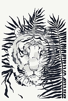 Vector hand drawn illustration of tiger hidden in palm leaves. Black and white ink sketch of wild animal on floral background