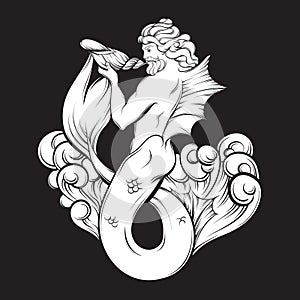 Vector hand drawn illustration of triton in realistic line style.
