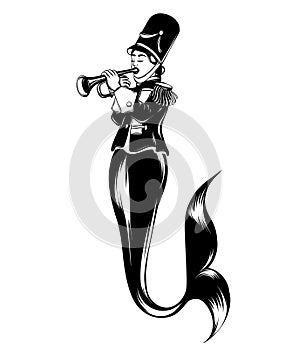 Vector hand drawn illustration of trumpeter with mermaid `s tail .