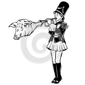 Vector hand drawn illustration of trumpeter with pig`s head. Surrealistic tattoo artwork. Template for card, poster, banner, prin