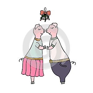 Vector hand-drawn illustration of two pigs kissing