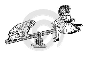 Vector hand drawn illustration of ugly toad with pretty girl on the swing.