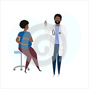 Vector hand drawn illustration. Vaccination immunity cartoon pregnant african-american or latino woman and black or