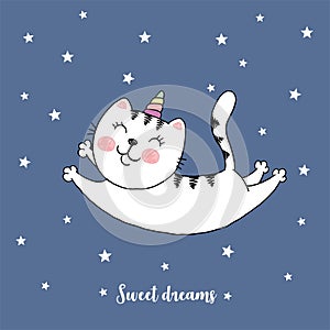Vector hand drawn illustration of white cat unicorn flying in the night sky among stars, cute sketch card with lettering sweet