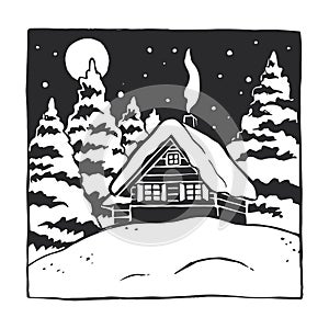 Vector hand-drawn illustration of winter landscape with house and trees. Black and white sketch for Christmas design