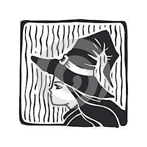 Vector hand-drawn illustration of witch in linocut style. Stamp with Halloween symbol