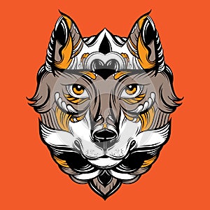 Vector hand drawn illustration of wolf with decorative elements.