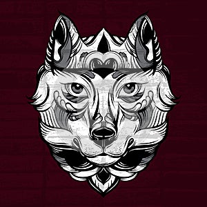 Vector hand drawn illustration of wolf with decorative elements.