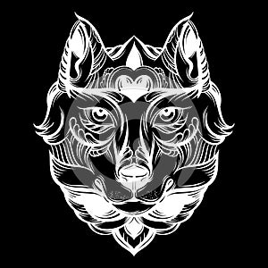Vector hand drawn illustration of wolf with decorative elements.