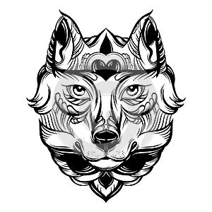 Vector hand drawn illustration of wolf with decorative elements.