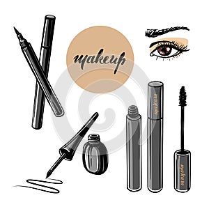 Vector hand drawn illustration of woman eye and makeup elements