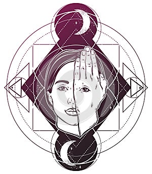 Vector hand drawn illustration of woman face with eye