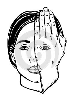 Vector hand drawn illustration of woman face with eye on her hand.