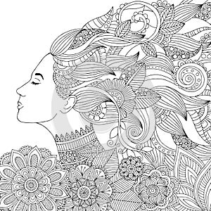 Vector hand drawn illustration woman with floral hair for adult coloring book. Freehand sketch for adult anti stress