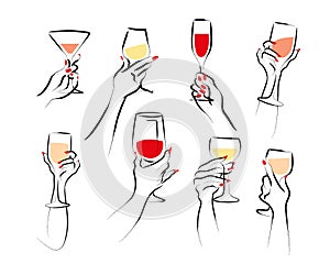 Vector hand drawn illustration of woman`s hand hold wine glass isolated on white background.