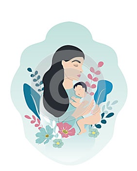 Vector hand drawn illustration of a young mother tenderly holding a baby in her arms.