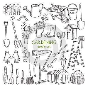 Vector hand drawn illustrations of gardening. Different doodle elements set for garden work