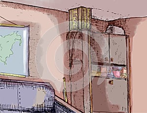 Hand drawn interior of cabinet