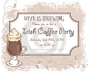 Vector hand drawn irish coffee party invitation card, vintage frame, glass and leaves