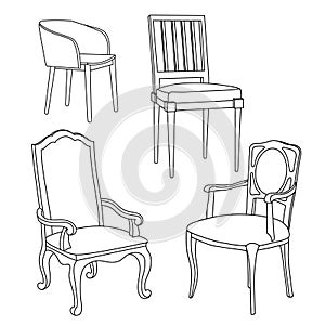 Vector hand-drawn isolated black and white armchairs and chairs