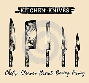 Vector hand drawn kitchen,chefs knives set.Butchers tools illustration.Sketches collection for butchery, restaurant etc.