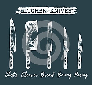 Vector hand drawn kitchen,chefs knives set.Butchers tools illustration.Sketches collection for butchery, restaurant etc.