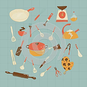 Vector hand drawn kitchen icon set