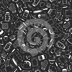 Vector hand drawn kitchen tools seamless pattern.