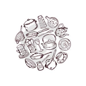 Vector hand drawn kitchen utensils in circle illustration
