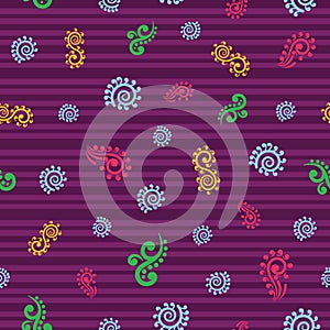 Vector hand drawn koru elements seamless pattern background on violet surface stripes